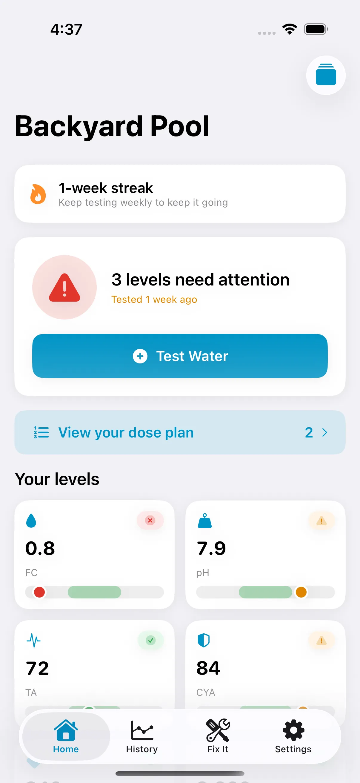 DoseMyPool dashboard showing pool status and water levels at a glance
